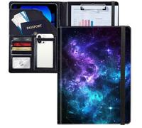 JANENFNA Purple and Blue Galaxy Padfolio Portfolio Leather Binder, Resume Portfolio Folder with Elastic Band, Conference/Legal Document Organizer with A4 Size ClipboardWith 4 Card Holder