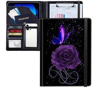 JANENFNA Purple Rose Butterfly Padfolio Portfolio Leather Binder, Resume Portfolio Folder with Elastic Band, Conference/Legal Document Organizer with A4 Size Clipboard, 4 Card Holder