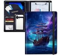 JANENFNA Purple Ship Padfolio Portfolio Leather Binder, Resume Portfolio Folder with Elastic Band, Conference/Legal Document Organizer with A4 Size ClipboardWith 4 Card Holder