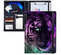 JANENFNA Purple Tiger Padfolio Portfolio Leather Binder, Resume Portfolio Folder with Elastic Band, Conference/Legal Document Organizer with A4 Size Clipboard, 4 Card Holder