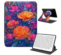 JANENFNA Rotating Case for 6" Basic Kindle 11th Gen, Detachable Magnetic Back, 360° Rotating Stand Cover, Slim PU Leather Kindle Case, Stained Glass Roses
