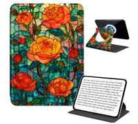 JANENFNA Rotating Case for 6" Basic Kindle 11th Gen, Detachable Magnetic Back, 360° Rotating Stand Cover, Slim PU Leather Kindle Case, Stained Glass Roses Art