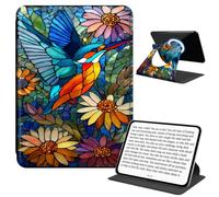 JANENFNA Rotating Case for 6" Basic Kindle 11th Gen, Detachable Magnetic Back, 360° Rotating Stand Cover, Slim PU Leather Kindle Case, Stained Glass Bird Blooms