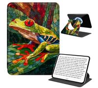 JANENFNA Rotating Case for 6" Basic Kindle 11th Gen, Detachable Magnetic Back, 360° Rotating Stand Cover, Slim PU Leather Kindle Case, Stained Glass Frog Art