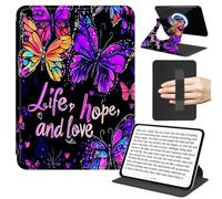 JANENFNA Rotating Case for 6" Kindle 11th Gen 24/22, Slim Stand Cover with Handle, 360° Rotating Folio, TPU Bumper, Detachable Magnetic Back, Butterfly Life Hope Love