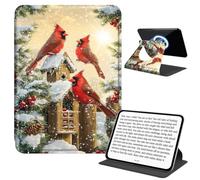 JANENFNA Rotating Case for Kindle Paperwhite 11th Gen 6.8", Detachable Magnetic Back, 360° Rotating Stand Cover, Slim PU Leather Kindle Case, Winter Cardinals Bird