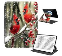 JANENFNA Rotating Case for Kindle Paperwhite 12th 7" & Kindle Colorsoft 12th 7", Detachable Magnetic Back, 360° Rotating Stand Cover, Slim PU Leather Kindle Case, Snowy Cardinals a