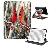 JANENFNA Rotating Case for Kindle Paperwhite 12th 7" & Kindle Colorsoft 12th 7", Detachable Magnetic Back, 360° Rotating Stand Cover, Slim PU Leather Kindle Case, Snowy Cardinals
