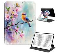 JANENFNA Rotating Case for Kindle Paperwhite 12th 7" & Kindle Colorsoft 12th 7", Detachable Magnetic Back, 360° Rotating Stand Cover, Slim PU Leather Kindle Case, Bird on Blossom Branch