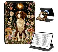 JANENFNA Rotating Case for Kindle Paperwhite 12th 7" & Kindle Colorsoft 12th 7", Detachable Magnetic Back, 360° Rotating Stand Cover, Slim PU Leather Kindle Case, Border Collie Flower