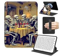 JANENFNA Rotating Case for Kindle Paperwhite 12th Gen 24& Colorsoft 7", Slim Stand Cover with Handle, 360° Rotating Folio, TPU Bumper, Detachable Magnetic Back, Spooky Skeletons Dinner