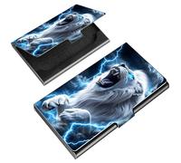 JANENFNA Slim Business Card Holder, Stainless Steel Pocket Case fits 13-15 Cards, Professional Gift for Networking & Realtors,Lightning White Lion