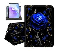 JANENFNA Slim Folio Case Compatible with Amazon Fire HD 8 & Fire HD 8 Plus 8" 2020/2022 and Fire HD 8 2024, 360 Rotating Stand Cover, Auto Sleep/Wake, Gold Frame Blue Rose