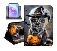 JANENFNA Slim Folio Case Compatible with iPad 10.2" 2021/2020/2019, 9th/8th/7th Gen, PU Leather 360 Rotating Stand Cover, Auto Sleep/Wake, TPU Bumper, Halloween Cat Pumpkin