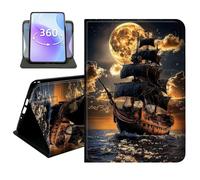 JANENFNA Slim Folio Case Compatible with iPad 10th Gen 10.9" 2022 and iPad A16 11th Gen 11" 2025, PU Leather 360 Rotating Stand Cover, Auto Sleep/Wake, TPU Bumper, Moonlit Pirate Ship Art