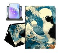 JANENFNA Slim Folio Case Compatible with Samsung Galaxy Tab A 8.0" 2017, SM-T380/T385, PU Leather 360 Rotating Stand Cover, Protective TPU Bumper, Slim Tablet Cover, B&W Cat Waves & Moons