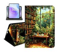 JANENFNA Slim Folio Case Compatible with Samsung Galaxy Tab A9/A11 8.7", 2024/2026, PU Leather 360 Rotating Stand Cover, Protective TPU Bumper, Slim Tablet Cover, Lush Greenery Study