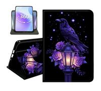 JANENFNA Slim Folio Case Compatible with Samsung Galaxy Tab S7 FE/S7 Plus/S8 Plus 12.4" 2021/2020/2022, PU Leather 360 Rotating Stand Cover, Auto Sleep/Wake, TPU Bumper, Black Raven with Lantern