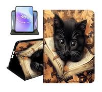 JANENFNA Slim Folio Case Compatible with Samsung Galaxy Tab S9 11" 2023, Tab S9 FE 10.9", Tab S10 FE/S10/S10 Lite, 360 Rotating Stand Cover, Auto Sleep/Wake, Black Kitten on Book