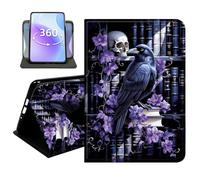 JANENFNA Slim Folio Case Compatible with Samsung Galaxy Tab S9 11" 2023, Tab S9 FE 10.9", Tab S10 FE/S10/S10 Lite, 360 Rotating Stand Cover, Auto Sleep/Wake, Black Raven & Skull Art