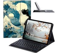 JANENFNA Tablet Case with Keyboard for iPad 10.9 Inch iPad Air 5th/4th Generation Case 2022/2020, Slim Detachable Wireless Bluetooth Keyboard Case for iPad Pro 11 Inch -B&W Cat Waves & Moons