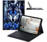 JANENFNA Tablet Case with Keyboard for iPad 10.9 Inch iPad Air 5th/4th Generation Case 2022/2020, Slim Detachable Wireless Bluetooth Keyboard Case for iPad Pro 11 Inch -Wolf with Blue Roses