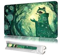 JANENFNA TCG Card Playmat 24" x 14" with Storage Bags for MTG Game Play Mats, Premium Stitched Non-Slip Rubber Tabletop Magic Play Mats Desk Duel Card Breaking Mats, Raccoon Sorcerer