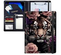 JANENFNA Tiger Surrounded by Flowers Padfolio Portfolio Leather Binder, Resume Portfolio Folder with Elastic Band, Conference/Legal Document Organizer with A4 Size Clipboard, 4 Card Holder