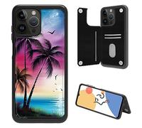 JANENFNA Wallet Case for iPhone 14 Pro Max with Card Holder, Flip Folio RFID Blocking PU Leather Kickstand Case, Double Magnetic Clasp Cover for iPhone 14 Pro Max, Beach Palm Trees