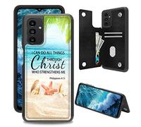 JANENFNA Wallet Case for Samsung Galaxy A14 5G with Card Holder, Flip Folio RFID Blocking PU Leather Kickstand Case, Double Magnetic Clasp Cover for Galaxy A14 5G, Beach Philippians 4:13