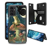 JANENFNA Wallet Case for Samsung Galaxy A14 5G with Card Holder, Flip Folio RFID Blocking PU Leather Kickstand Case, Double Magnetic Clasp Cover for Galaxy A14 5G, Frog Sitting Mushroom