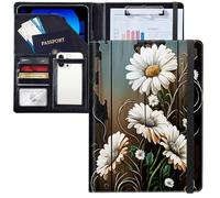 JANENFNA White Daisy on Wooden Fence Padfolio Portfolio Leather Binder, Resume Portfolio Folder with Elastic Band, Conference/Legal Document Organizer with A4 Size Clipboard, 4 Card Holder