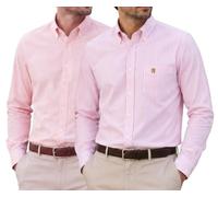 Janeo British Apparel Men's Long Sleeve Kensington Oxford Shirt - Classic Button-Down Collar with Pocket - Available as Single or 2-Pack Combo [2PK Plain + Stripe, Tickle Me Pink, 3XL]