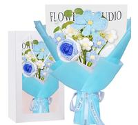 janeunique Handmade Light Blue Crochet Flower Bouquet, Knitted Artificial Daisies & Roses - Calming Gifts for Women, Colleague, Friend - Allergy-Free Home Office Decor & Thinking of You Keepsake
