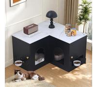 JanflyHome 31.5" Hidden Corner Cat Litter Box Enclosure, Modern Litter Box Cabinet Furniture with Double Room and Collapsible Cat Bowl, Black