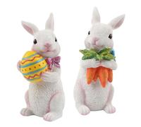 Jangostor Pack of 2 Easter Bunny Decorations, Hand-Painted Easter Bunny Statue and Figures with Carrot & Egg, Table Decoration for Easter Rabbit Decoration Made of Resin for Home, Office, Party,