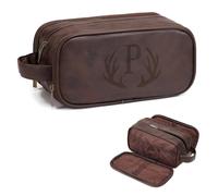 Janhavi Travel Essentials Toiletries Men, Personalized Initials & Antlers, Waterproof Make Up Bag, Men's Accessories Storage, Mens Travel Bag Toiletry, Birthday Gift Box Men (Medium, Dark Brown, P)