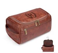 Janhavi Travel Toiletry Bag Hanging For Mens PU Leather with Initial, Red Brown, M, R