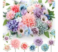 Janinka 100 Pcs Assorted Fake Flower Heads with Long Stem Mini Artificial Flower Bulk Mix Silk Faux Daisy for Crafts Fake Peony Rose for DIY Wedding Party Wreath Home Decoration (Blue Purple Pink)