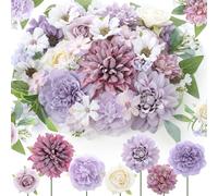 Janinka 100 Pcs Assorted Fake Flower Heads with Long Stem Mini Artificial Flower Bulk Mix Silk Faux Daisy for Crafts Fake Peony Rose for DIY Wedding Party Wreath Home Decoration(Purple)