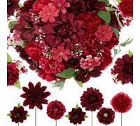 Janinka 100 Pcs Assorted Fake Flower Heads with Long Stem Mini Artificial Flower Bulk Mix Silk Faux Daisy for Crafts Fake Peony Rose for DIY Wedding Party Wreath Home Decoration (Red)