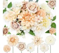 Janinka 100 Pcs Assorted Fake Flower Heads with Long Stem Mini Artificial Flower Bulk Mix Silk Faux Daisy for Crafts Fake Peony Rose for DIY Wedding Party Wreath Home Decoration(Champagne)