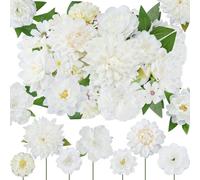 Janinka 100 Pcs Assorted Fake Flower Heads with Long Stem Mini Artificial Flower Bulk Mix Silk Faux Daisy for Crafts Fake Peony Rose for DIY Wedding Party Wreath Home Decoration(White)