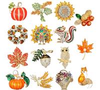 Janinka 15 Pcs Thanksgiving Rhinestone Brooch Fall Theme Crystal Brooch Pumpkin Turkey Maple Leaf Label Pin for Clothes Backpack Jewelry Hat Jacket Decoration