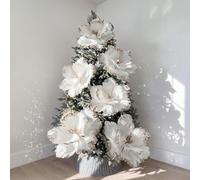 Janinka 6 Pcs Extra Large Christmas Poinsettia Magnolia White Flowers Decor | 22'' 12'' Velvet Artificial Flowers Add Gold Trim, Xmas Tree Decor, Artificial Poinsettia Ornaments, Xmas Tree Wreath Garland