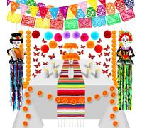 Janinka 78 Pcs Day of the Dead Decoration Set Mexico Party Banner Tablecloth Paper Flower Votive Candle Artificial Marigold Garland Butterfly for Dia De Los Muertos Party Supplies(White)