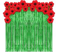 Janinka Witch Party Decor with Green Streamers Backdrop Artificial Red Poppy Flowers Foil Fringe Curtain Photo Background for Witch Birthday Party Halloween Cosplay Supplies