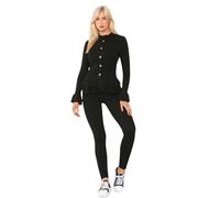 janisramone® 2 Pcs Peplum Frill Co Ords Sets for Women UK, Long Sleeves Fine Ribbed Loungewear, Womens Tracksuit Set With Gold Buttons, Stylish Airport Outfit