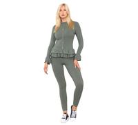 janisramone® 2 Pcs Peplum Frill Co Ords Sets for Women UK, Long Sleeves Fine Ribbed Loungewear, Womens Tracksuit Set With Gold Buttons, Stylish Airport Outfit