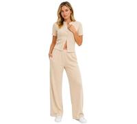 janisramone® 2piece Lounge Wear Sets for Women UK, Ribbed Short Sleeves Button Down Cropped Cardigan Top & Pocket Flared Trousers for Women UK, Tracksuit Womens Full Set, Summer Womens Co Ord Sets